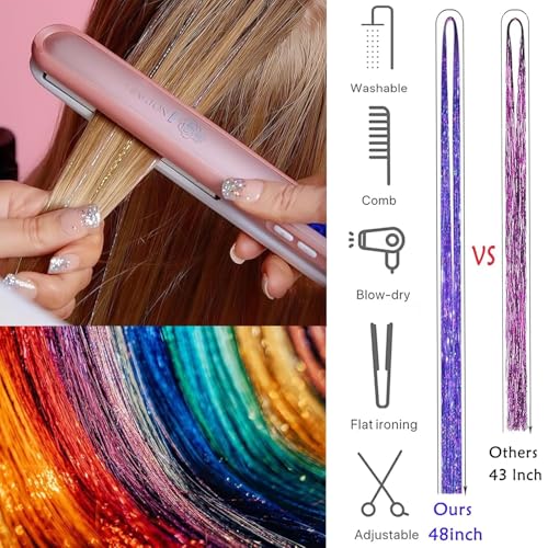 Hair Tinsel,18 Colors Hair Tinsel Kit for Girls 7600 Strands Fairy Tinsel Hair Extensions Holographic Hair Tinsel Heat Resistant Colored Hair Glitter Christmas Party Festival (18 Colors)