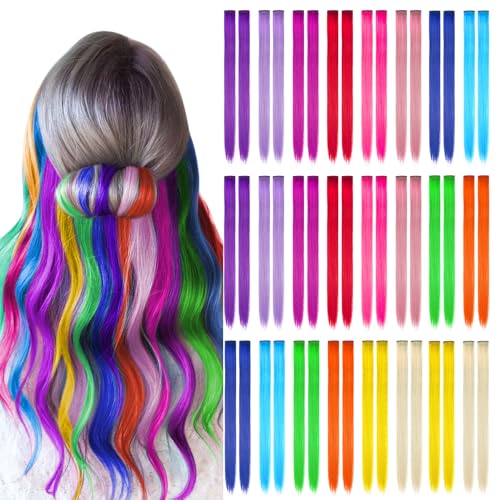 Kyerivs 48PCS Colored Clip in Hair Extensions Gift for Girls 20Inch Rainbow Hairpieces Christmas Stocking Stuffers for Girls Party Colorful Hair Accessories Temporary Hair Color for Kids Women