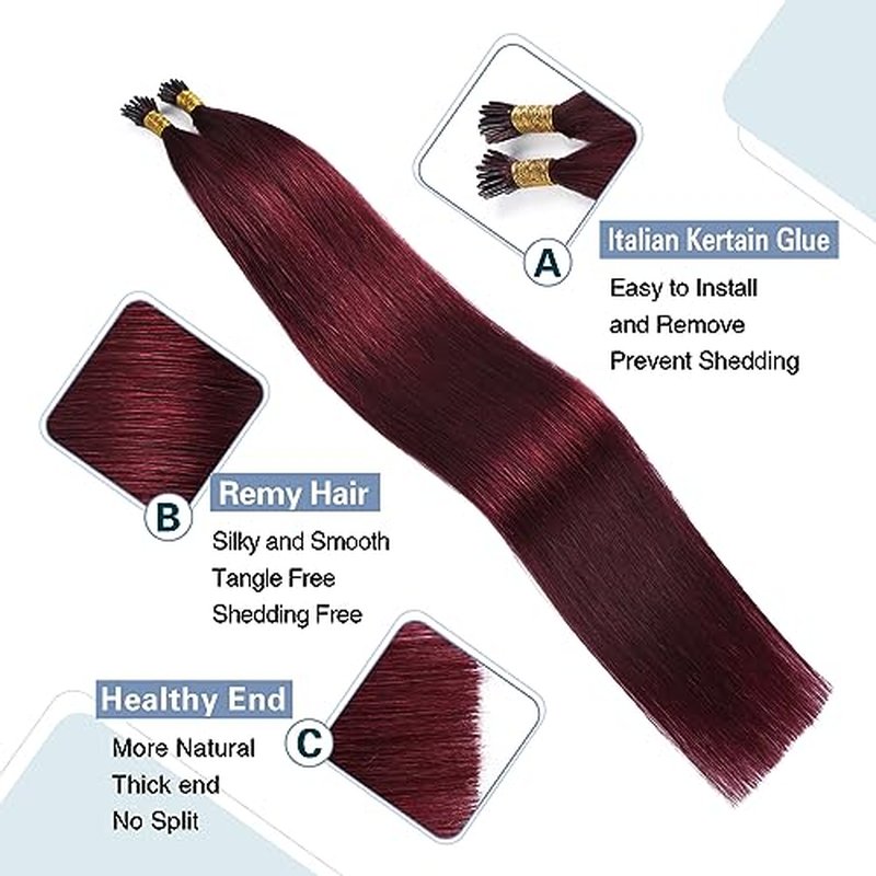 Sunya I Tip Hair Extensions Human Hair Burgundy 18 Inch Wine Red Pre Bonded I Tip Hair Cold Fusion I Tip Hair Extensions #99j 40g 50 Strands/Pack
