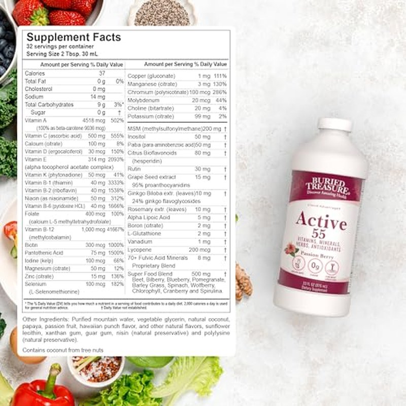 Buried Treasure Active 55 Plus - 32 serv, Liquid Multivitamin for Seniors, Vegan, Sugar-Free, Natural Immune Support, Vitamins & Super-Foods Blend