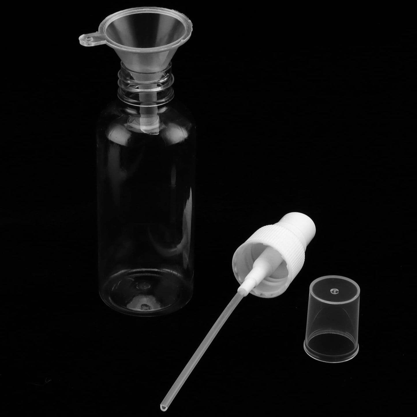 MANCHAP 60 Pack 2oz Plastic Travel Spray Bottles with Caps, Clear Mini Fine Mist Spray Bottles with 4 Funnels, Travel Size Refillable Containers for Essence, Hair Spray, Toner