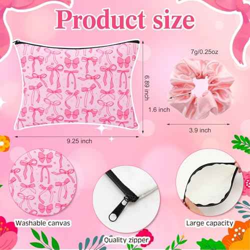 18 Pcs Pink Bow Glass Cups with Lids Coquette Bow Cosmetic Makeup Bag Pink Hair Scrunchies Ties for Women Birthday Wedding Gift Bridesmaid Bridal Valentines Christmas