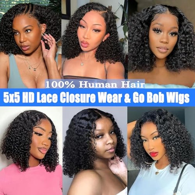 Wear and Go Bob Wig Human Hair Deep Wave Glueless Wigs Human Hair Pre Plucked Pre Cut 5x5 HD Lace Closure Curly Wigs for Black Women Lace Front Glueless Wigs Human Hair 14inch