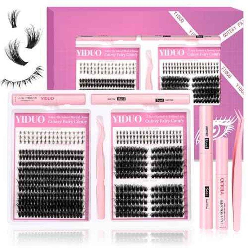 Lashes Clusters Kit Gift Packs D Curl Cat-Eye Wispy Individual Faux Mink Fake Eyelashes, Volume Studio Effect, 498Pcs DIY False Eyelash Extensions with Bottom Lashes|Glue|Removers|Tweezers