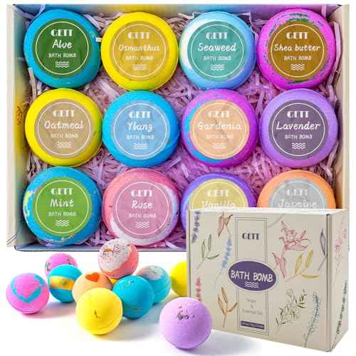 GETT Bath Bombs Gift Set,12pcs Individually Wrapped Natural & Moisturizing Bath Bombs for Women,Men & Kids, Relaxing Bubble Bath, Handmade Birthday Gift for Wife & Mom, Luxury Organic Bath Essentials
