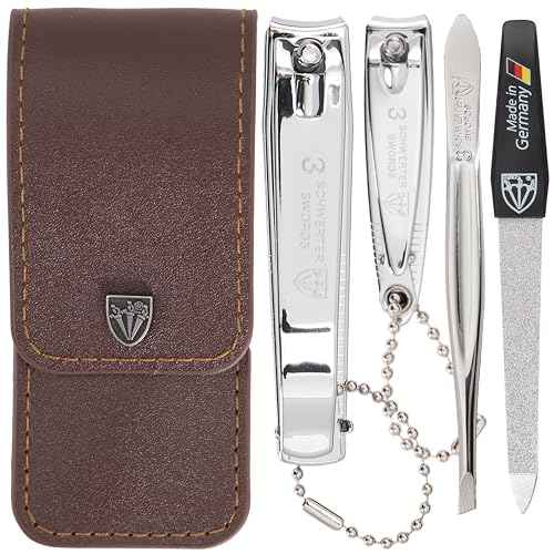 3 Swords Germany - Brand Quality 4 Piece Manicure Pedicure Grooming kit Set for Professional Finger & Toe Nail Care Tweezers File Clipper Brown Synthetic Leather case - Made by 3 Swords