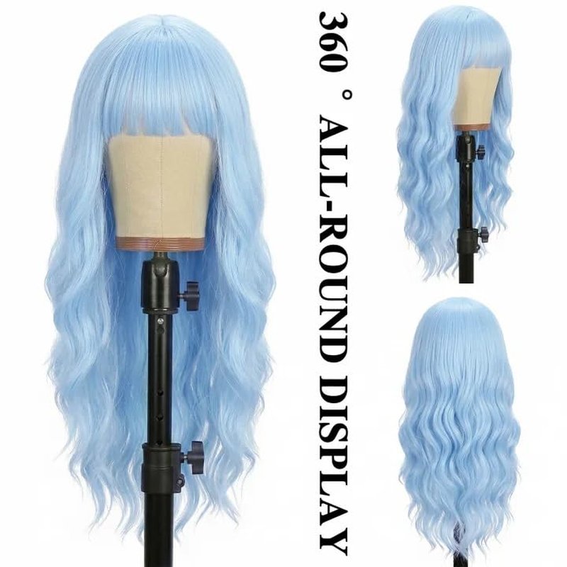 NOSTALGIA Blue Wigs for Women - 26 Inch Long Wavy Synthetic Wig with Bangs | Heat Resistant for Daily Cosplay
