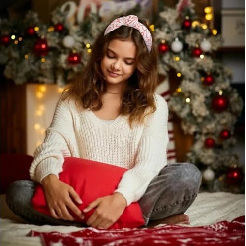 Huachi Knotted Headbands for Women Cute Top Knot Headbands Fashion Pink Snowflake Candy Cane Xmas Tree Girls Christmas Womens Head Band Knotted Hair Accessories, 3 Packs