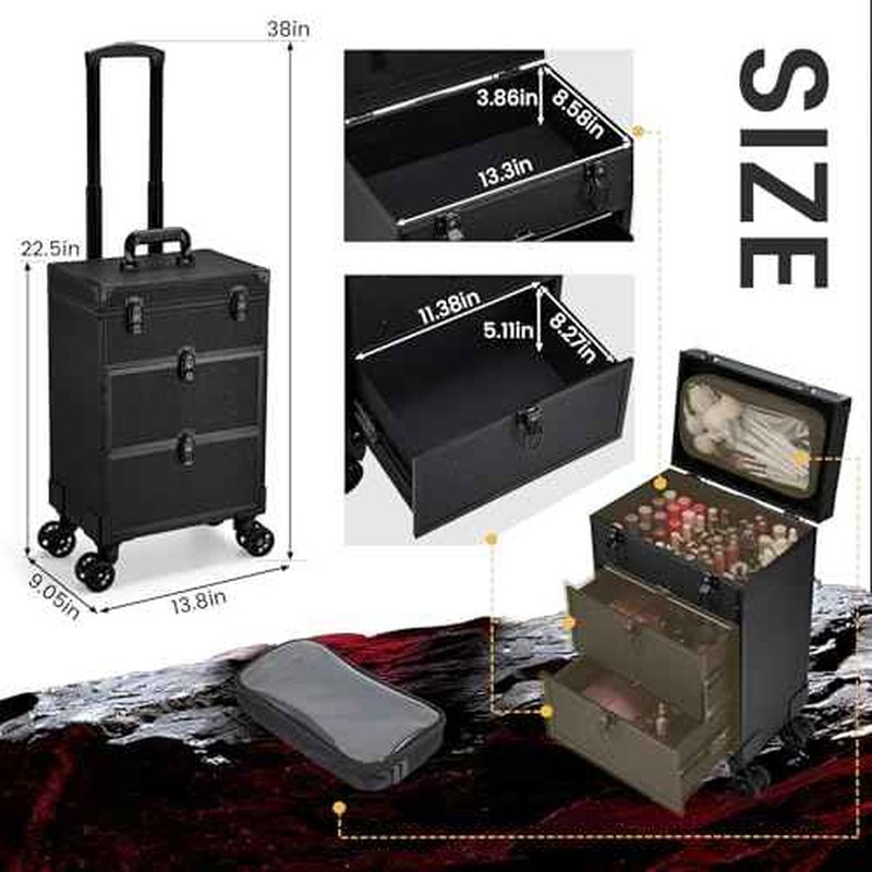 Professional 3 in 1 Rolling Makeup Case Cosmetology Case on Wheels 2 Large Drawer Nail Case Trolley Traveling Cosmetic Train Case with Makeup Pouch for Artists Nail Technician Salon Cart Trunk Black