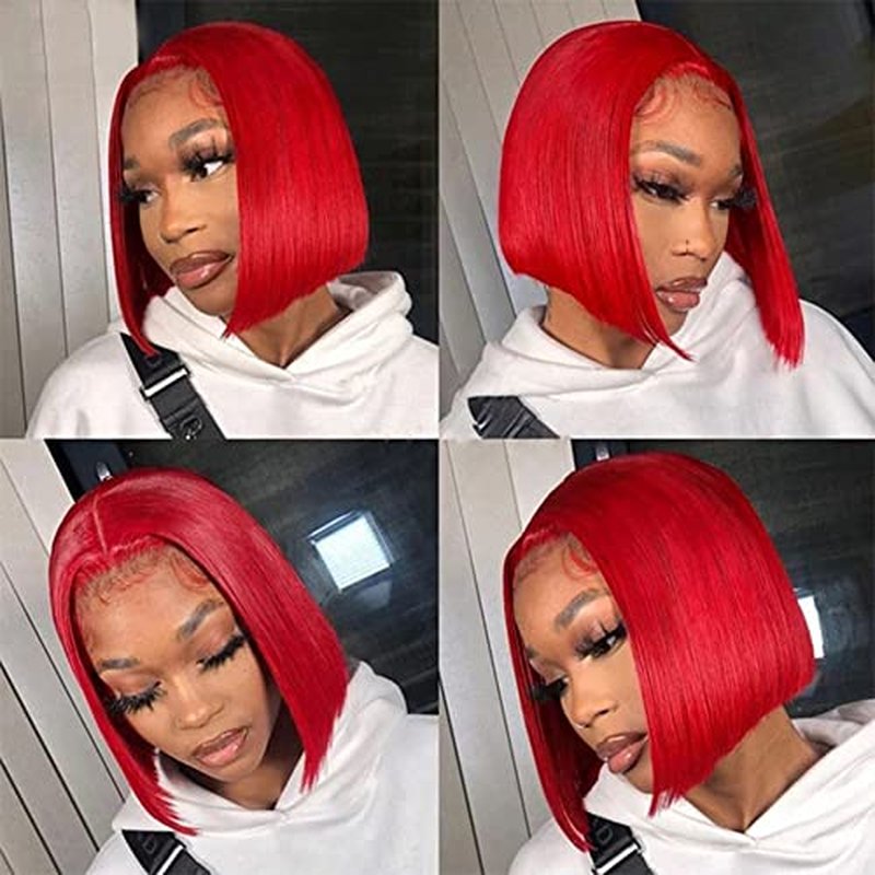 Pre Plucked HD Transparent 13X4 Straight Red Blunt Cut Bob Wig Human Hair Lace Frontal Wig With Baby Hair Natural Hairline Glueless 100% Unprocessed Human Hair Red Bob Wigs Lace Front With Black Women