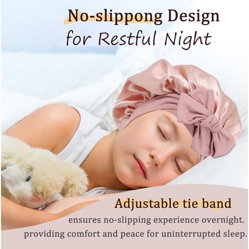 2 PCS Kids Bonnet for Girls Double Layer Silk Satin Bonnet Sleep Cap for Child Curly Natural Hair 3-12Y (pink&black)