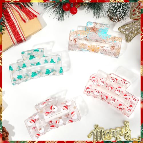 Christmas Hair Clips Claw Shaped Snowman Santa Claus Snowflake Christmas Tree Design Hair Accessories Transparent Cartoon Hair Clips Women Red Green Gold Claw