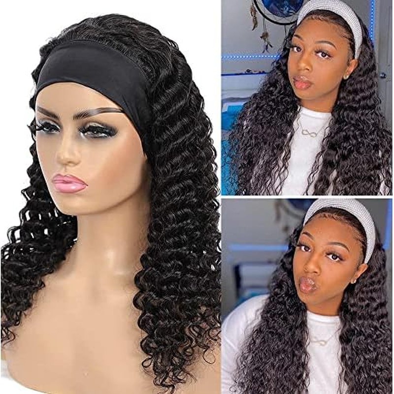 Curly Headband Wig Human Hair 16 Inch Deep Wave Human Hair Headband Wigs for Black Women Human Hair Glueless Real Hair Wig with Headband Attached No Lace Front Wig Human Hair Natural Black Color