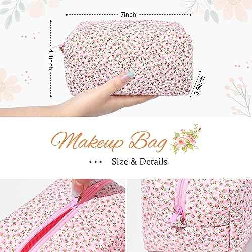 SOIDRAM Quilted Makeup Bag Floral Cosmetic Bag Puffy Coquette Makeup pouch Aesthetic Cute Pink Travel Toiletry Bag Organizer cotton Makeup Brushes Storage Bag for Women