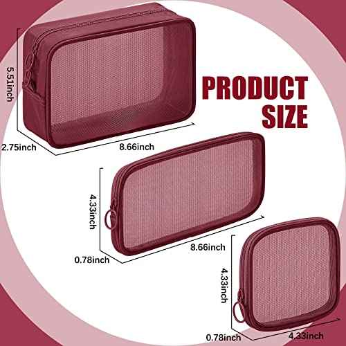 Weewooday 4 Pcs Mesh Makeup Bag Mesh Cosmetic Bag Travel Toiletry Pouch with Zipper Mini Makeup Cosmetic Purse for Daily Accessory(Small, Large, Medium,Wine Red)
