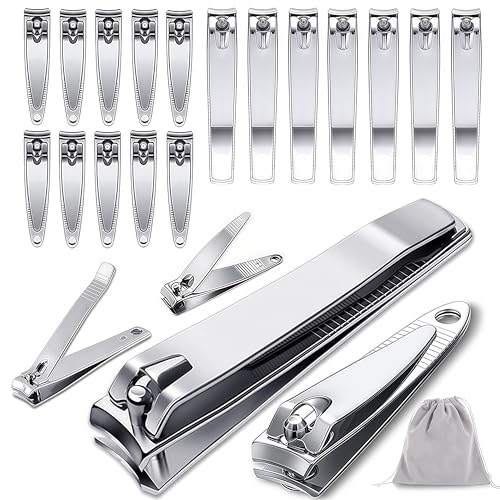 20-Pack Stainless Steel Fingernail & Toenail Nail Clippers Bulk Set - 12 Small + 8 Medium Size with Storage Pouch, Manicure Kit for Men/Women Travel, Gifts, Homeless Care Supplies