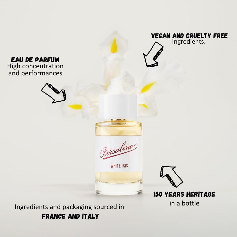 Borsalino White Iris Eau de Parfum – Long Lasting Fruity & Floral Travel Size Perfume for Women with Orange Blossom, Jasmine & Almond – Luxurious Gourmand Scent