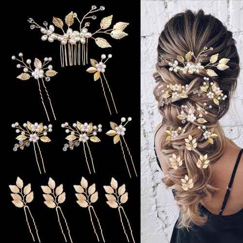10PCS Gold Leaf Wedding Hair Pins Rhinestone Pearl Hair Jewelry Accessories Crystal Vintage Wedding Hair Styling Pins for Brides Bridesmaids and Flower Girls