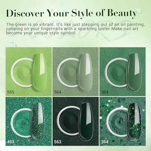 AZUREBEAUTY St. Patrick's Evergreen Dip Powder Nail Kit, 6 Colors Glitter Green Sparkle Forest Dark,Dipping Powder Color French Nail Art Manicure DIY Salon Gifts for Women, No Need Nail Lamp Cured
