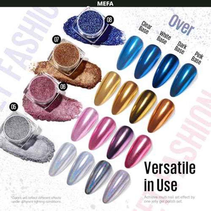 MEFA Chrome Powder for Nails 4 pcs, Mirror Effect Nail Powder Holographic Aurora Iridescent Pearlescent Manicure Nail Art Decoration Glitter Metallic Gold Pink Blue Grey Chrome Nail Powder Kit
