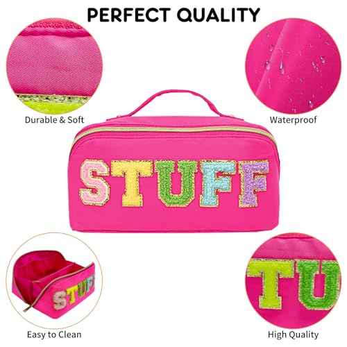 Preppy Stuff Makeup Bag, Stoney Clover Travel Toiletry Bag Pouch Chenille Letter Make Up Bags Girls Cute Cosmetic Bag Wedding Birthday Stocking Stuffers for Gifts Halloween Stuff (Rose Red)