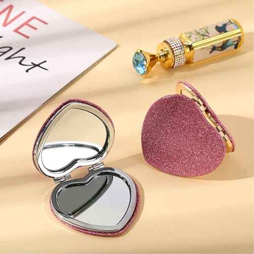 6 Pack Sparkly Pokect Heart Mirror Travel Compact Magnifying Folding Mirror for Purse Mini Vanity Cosmetic Lashes Makeup Double-Sided Cute Glitter Pink