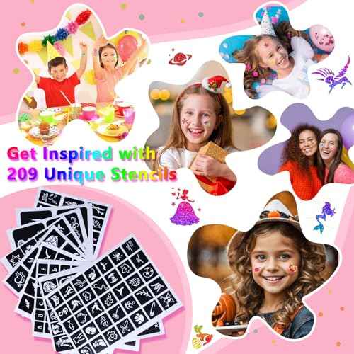 Temporary Glitter Tattoos Kit Kids, 48 Colors Powder with 209 Temporary Tattoo Stencils and 5 Luminous Tattoo Stickers, Body Nail Arts and Craft Glitter Make Up Kit, Gifts for Girl Boy Party