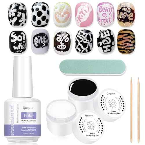 Poke Gel Nail Polish Set with Professional Base Coat- Nail Art Painting Gel for Flowers, Letters & Wave Designs-Lace Drawing Gel with Wooden Nail Stick and Buffer
