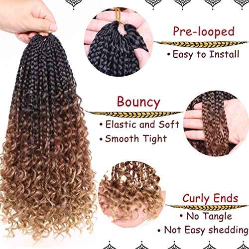 Beverlee 14 Inch Boho Braids - 128 Strands Pre-Looped Synthetic Crochet Hair for Black Women - Bohemian Messy Box Braids with Curly Ends