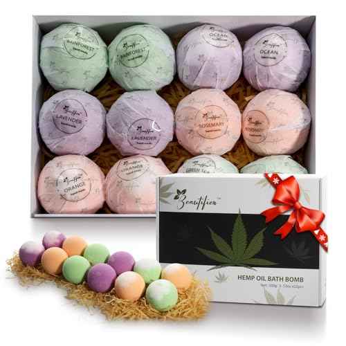 Hemp Oil Bath Bombs Gift Set Natural Refreshing Bubble Bath Kit with 6 Relaxing Scents Made from Pure Essential Oil for Bubble and Spa Bath, Birthday Mother's Valentine's Day Gifts