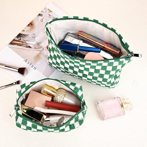 Travel Makeup Bag, Checkered Cosmetic Bag Make Up Organizer Case for Women, Small Toiletry Bag Skincare Pouch for Toiletries Accessories Brushes, 2PCS