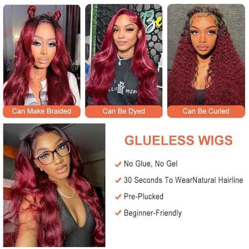 GABRIELLE 32 Inch Glueless Wig Body Wave Lace Front Human Hair Wigs 1B/99J Burgundy 5x5 HD Lace Closure Wigs 180 Density Pre Plucked Pre Cut Lace Virgin Human Hair Wigs for Women
