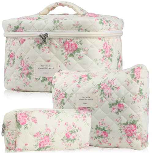 Cute Makeup Bag for Women(3 Pcs), Quilted Floral Coquette Aesthetic Make up Bags, Travel Cosmetic Bags Toiletry Organizer Bag(Pink Flower)