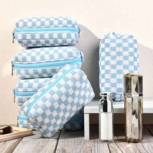 SOIDRAM Checkered Makeup Bag Preppy Cosmetic Bag Bulk Blue Makeup Pouch Personalize Travel Toiletry Bag Organizer Cute DIY Makeup Brushes Storage Bag for Women