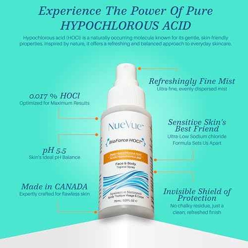 BioForce HOCl - Pure Hypochlorous Acid Spray for Face Travel Size Toner & Cleanser - Made in Canada - Acne-Prone Skin & Eczema, Piercing aftercare, pH Balanced, Non-comedogenic - NueVue (2.3 oz)