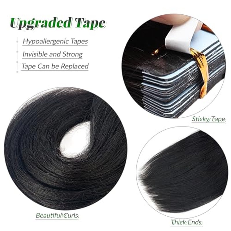 Tape in Hair Extensions Yaki Straight Real Human Hair Tape in Extensions - 24 Inch Long Straight Natural Color Human Hair Extensions Light Yaki Tape ins for Black Women