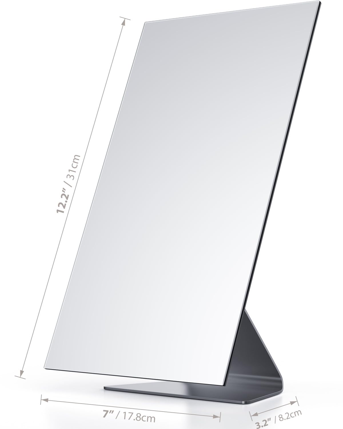 NEZZOE Rectangular Free-Standing Makeup Mirror, Frameless 1X Vanity Mirror with Adjustable Tilt, Metal Base, for Desk, Bathroom Countertop or Windowsill, 12 x 7 Inches