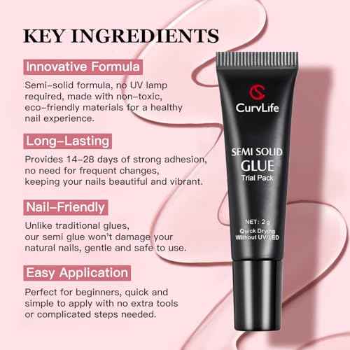 CurvLife Nail Tips Semi Solid Nail Glue 2g (5pcs) - Super Strong, Soft Glue Gel Quick Drying Adhesive for Press On Nails, No UV Light Needed