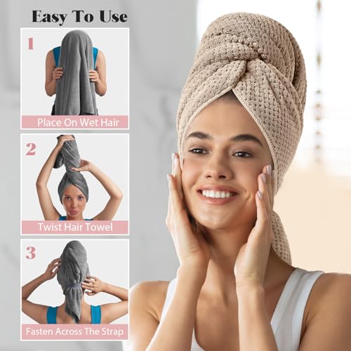 MABAO 2 Pack Microfiber Hair Towel Wrap for Women, Quick Dry Hair Turban Towel with Elastic Band, Microfiber Plopping Towel for Curly Hair, Stocking Stuffers for Women (Gray, Camel)