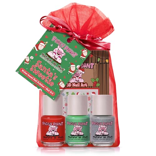 Piggy Paint | 100% Non-Toxic Girls Nail Polish | Safe, Cruelty-free, Vegan, & Low Odor for Kids | Santa's Sweetie (Christmas Holiday 3 Polish + Nail Art Gift Set)