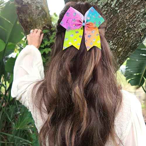 DeD 10 Pcs Elastic Bow 7" Large Hair bows Boutique Rainbow Golden-plating Grosgrain Ribbon Pigtail Holder For School Girls Teens Cheerleader