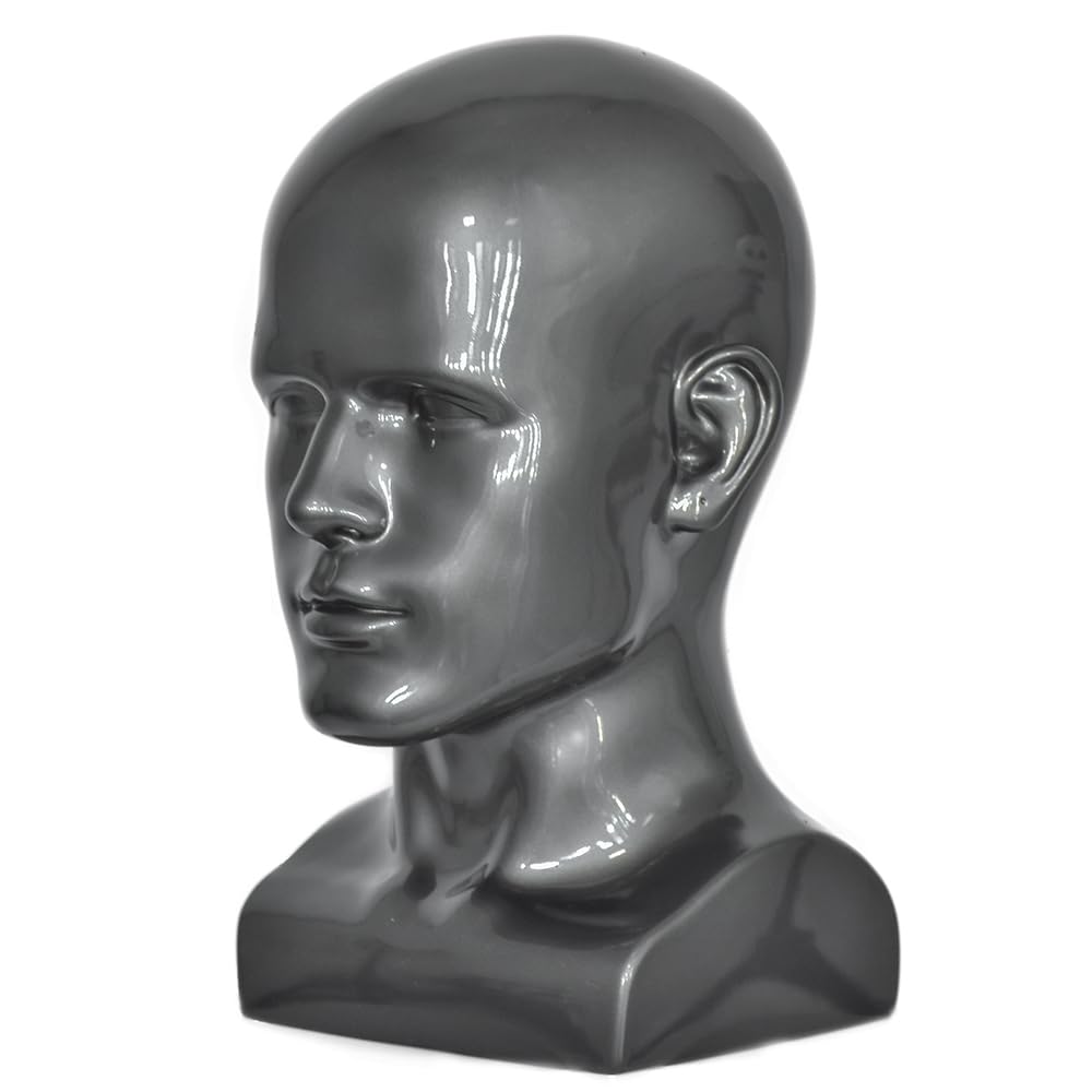 CAZSYSDD PVC Mannequin Head Black Male Manikin Dummy Stand Model Display Hat Scarf Wigs Hair Glasses Hat Beauty Styling Tool with Mount Hole (L90-Light Grey)