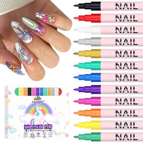EBANKU 12 Colors Nail Art Pens Set, 3D 0.7MM Nail Polish Pens Quick-Drying Nail Art Acrylic Paint Nail Point Dotting Liner Pen Tools for Home & Salon Nail DIY