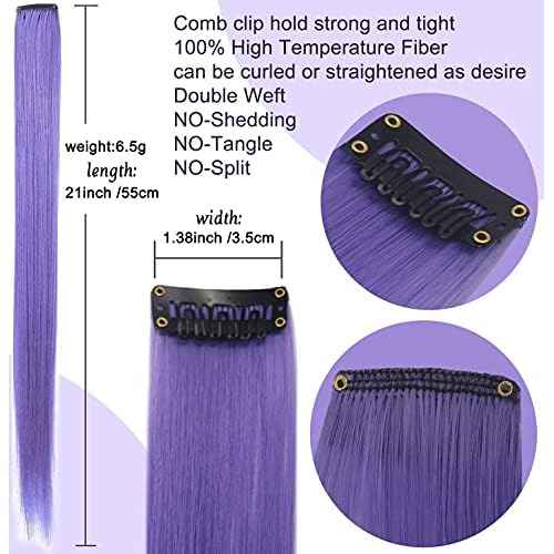 Colored Hair Extensions 21 inch Multicolors Party Highlights Straight Hair Extension Clip In/On For girls and Women Costume Wig Pieces 16 PCS (Lavender Light purple)