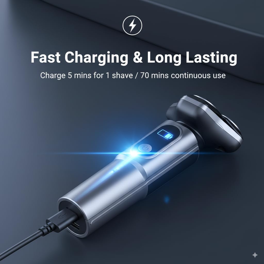 Electric Razor for Men Cordless: Wet/Dry Rotary Shaver Waterproof - USB Fast Charging & Sensitive Skin Care. 3-Blade Rotary Shaving System.LED Display, Travel Lock