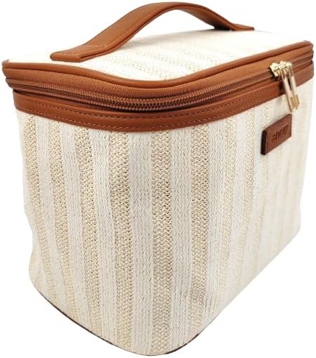 ANEW Cosmetic Bag - Stylish Striped Train Case in Beige/Tan | Perfect for Travel & Organization