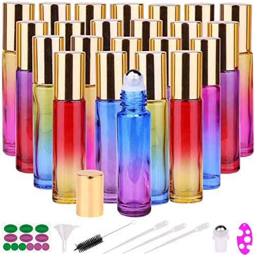 inice 24 10ml Essential Oils Roller Bottles Gradient Color Thick Glass Roll on Bottle Golden Metal Cap for Travel