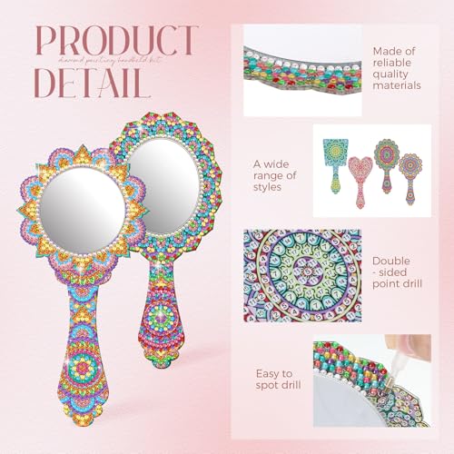 4 Pcs Diamond Painting Mirror Handheld Kits Valentine Christmas Art Gifts Compact Decorate Your Own Mirror for Hand DIY Crafts