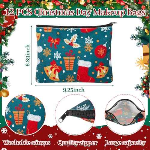 Kacctyen 24 Pcs Christmas Cosmetic Bags and Keychains for Women Makeup Bags with Zipper Santa Snowman Bells Candy Cane Keychain Toiletry Organizer for Christmas Party Favor Xmas Gifts