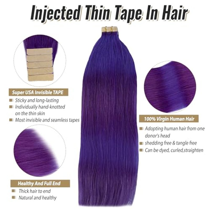 Munx Human Hair Extensions Tape in Purple 20 Inch 50g Real Hair Extensions Tape in Remy Silky Straight Natural Hair Extensions 20pcs